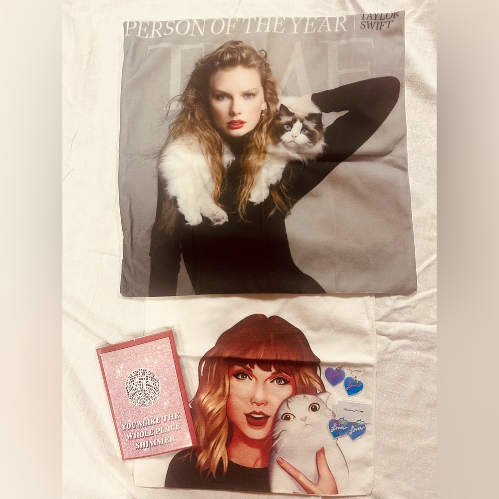 Taylor Swift Gift bag birthday tote. Lover earrings. Birthday card/pillow case